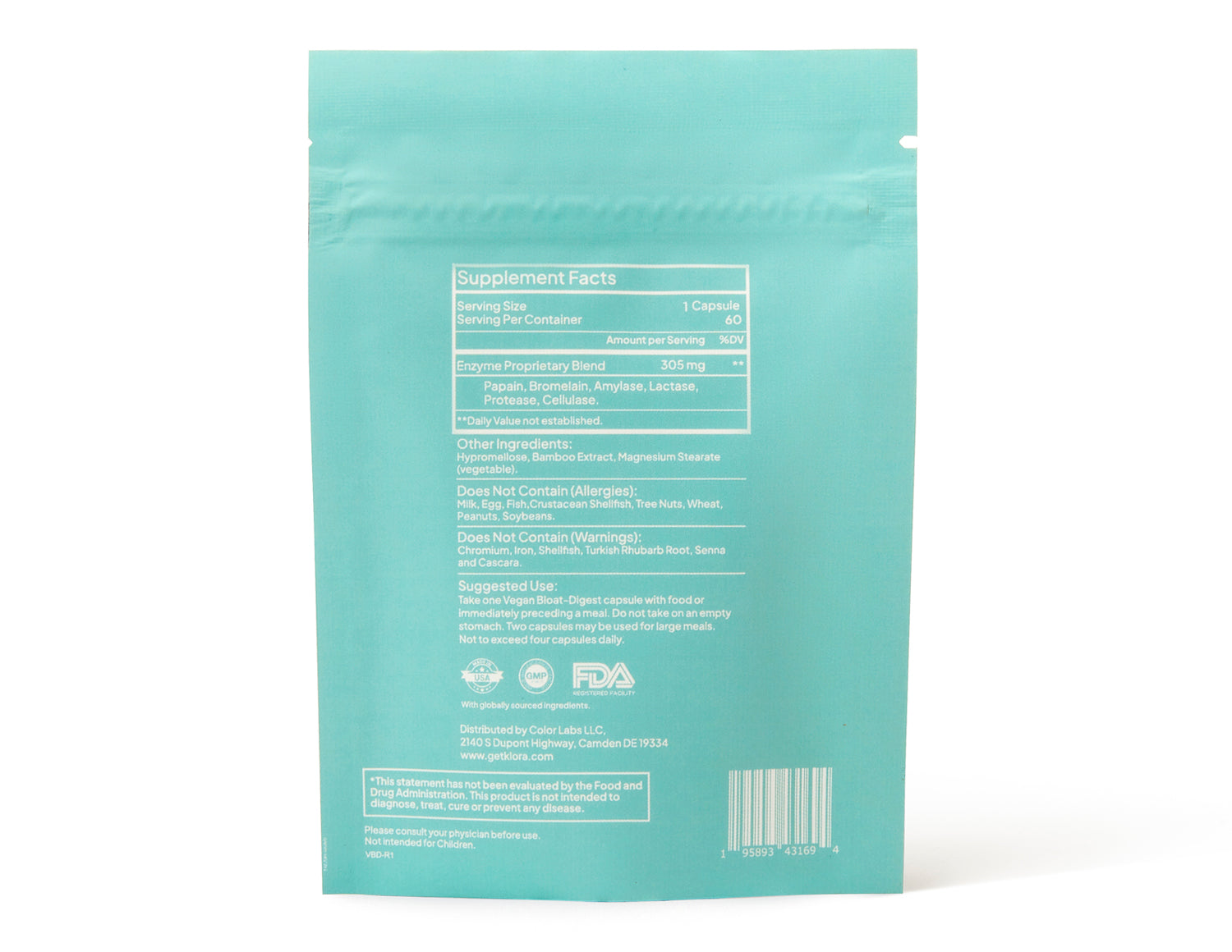 Back of Klora vegan Bloat-Digest enzyme pill pack